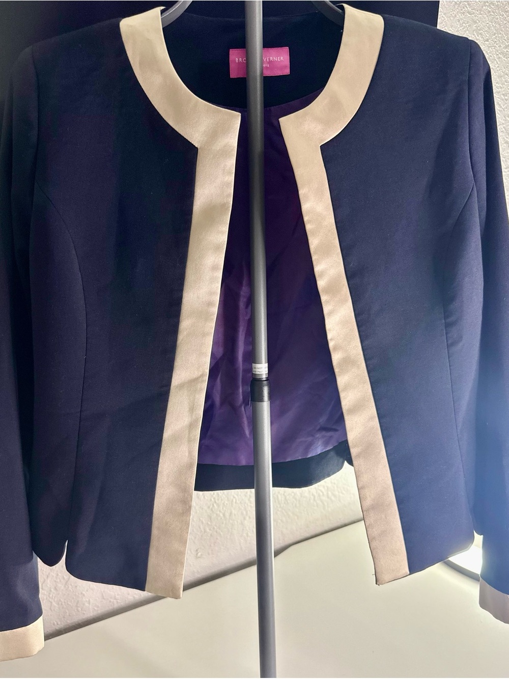 Brook Taverner UK Luxury Open Front Cropped Blazer Navy Blue Satin Trim Corporat